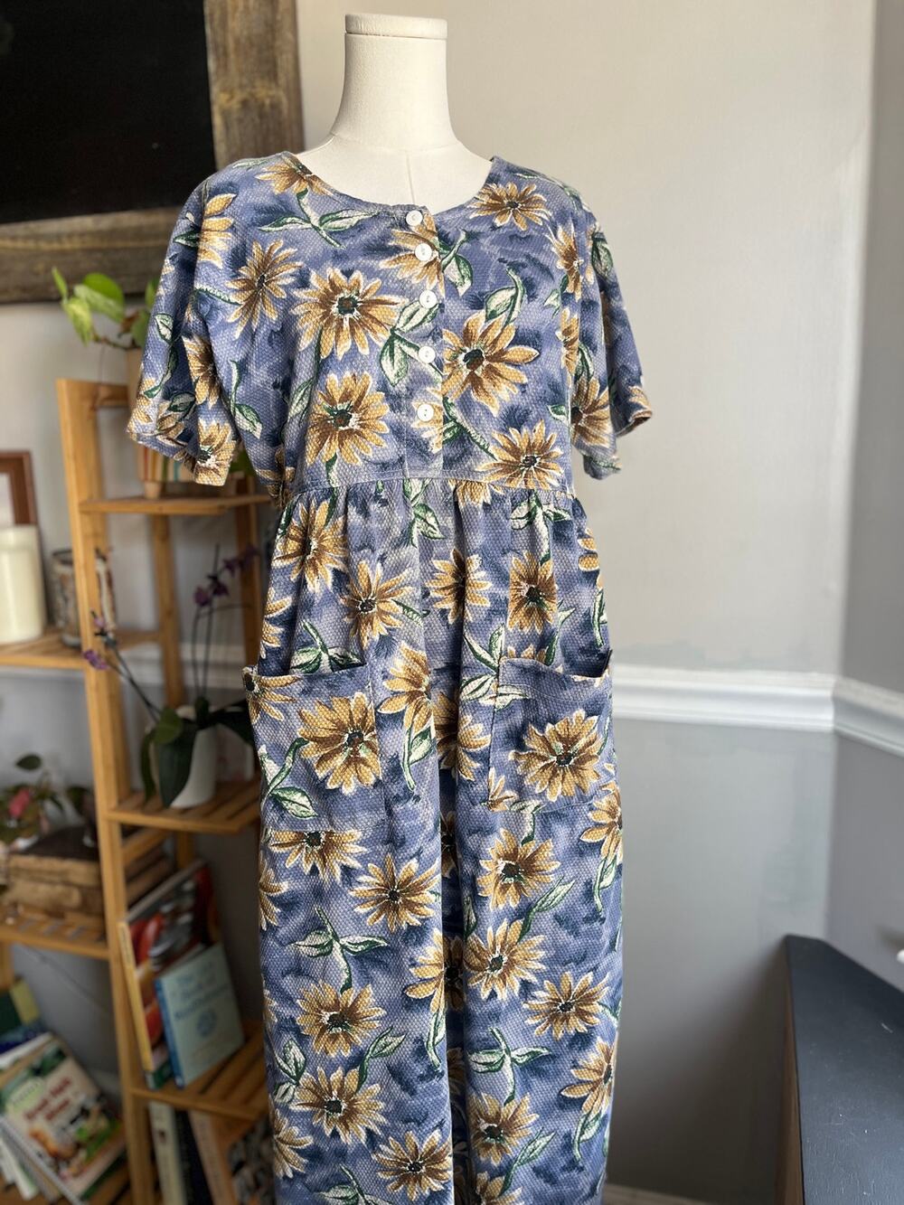 Vintage 90s Sunflower Maxi Dress Cotton Square Pocket Size 1X